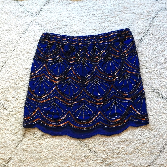 [SOLD]  -- Hazel brand skirt, 1920s style, blue with copper beading XS/S - Picture 1 of 5